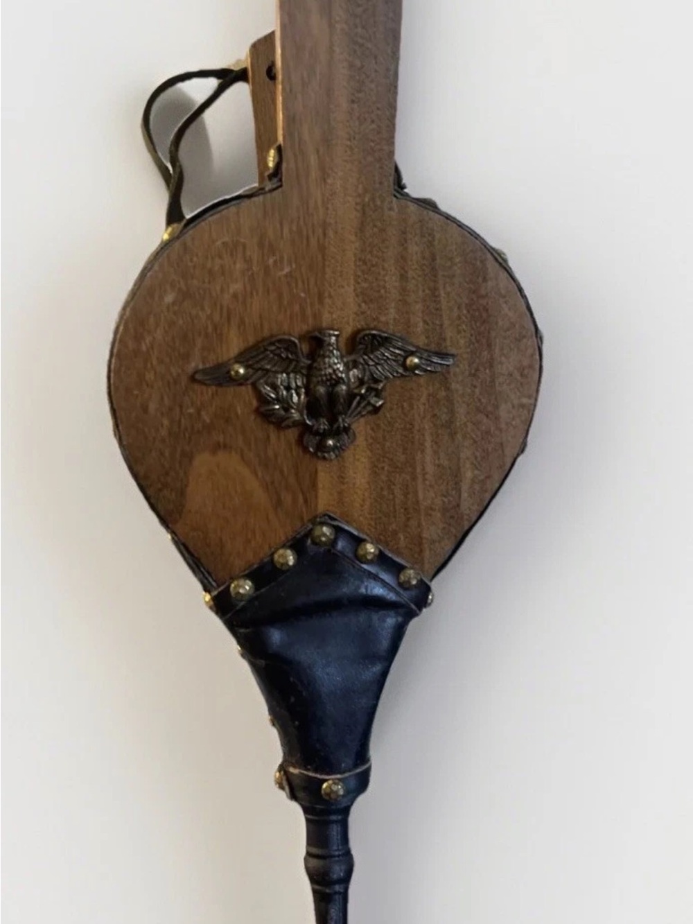 Antique Wooden Fireplace Bellow with Brass Eagle Accent - Black Leather